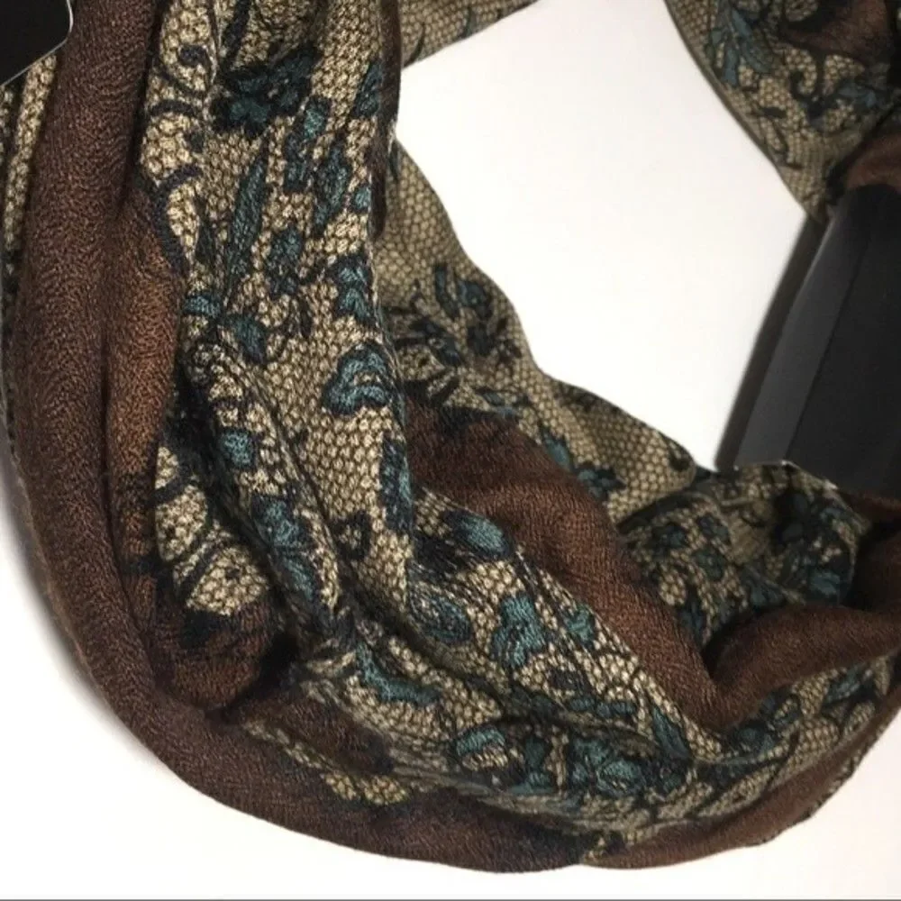 D&Y BOHO COTTAGECORE FLORAL FIGURE‎ 8 MULTI LOOP BROWN SCARF NWT
